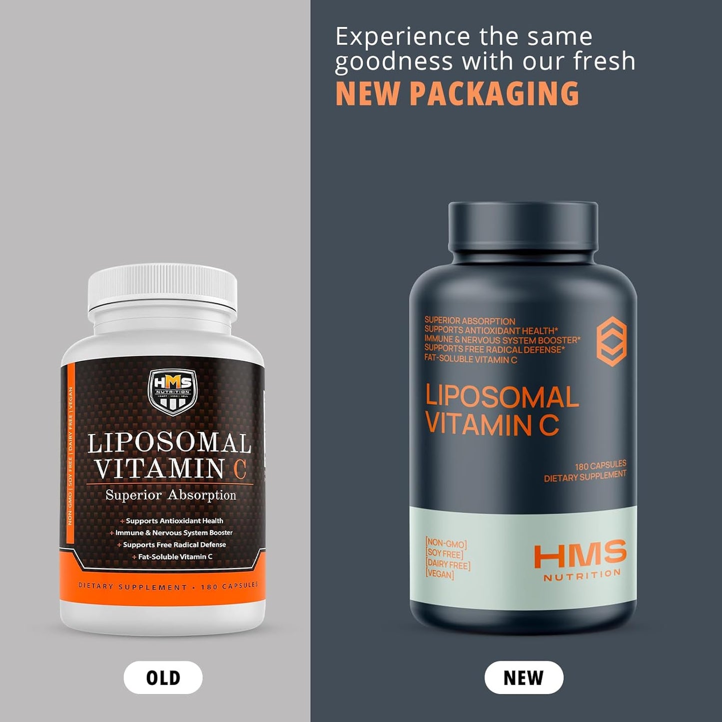 HMS Liposomal Vitamin C 1600 mg 180 Capsule Count Old Vs New Packaging Brand